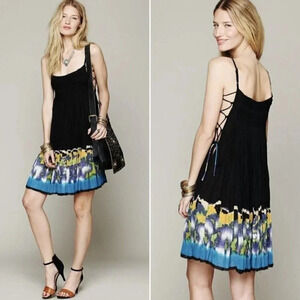 Free People Fp One Black Imperial  Palm Pintuck Printed Boho Dress